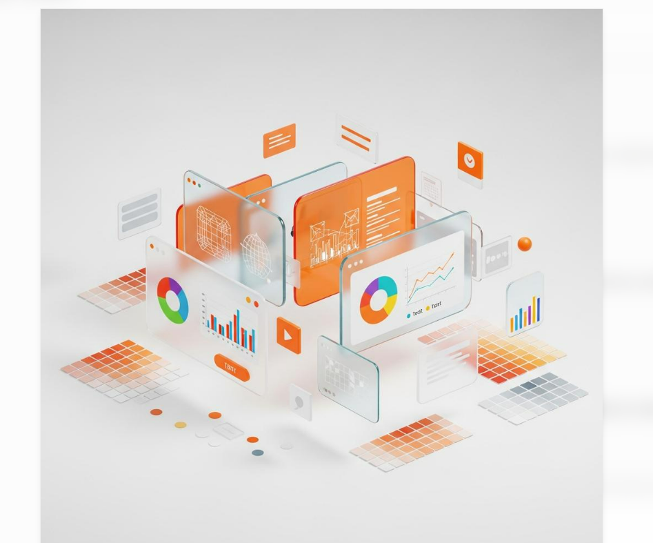 Layered translucent orange application and analytics interfaces, conceptual digital solutions illustration
